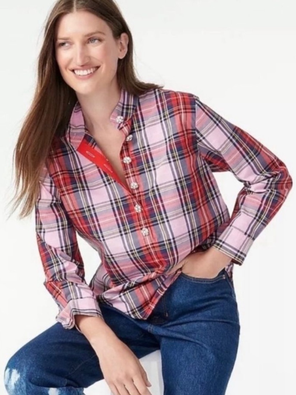 J. Crew Pink Tartan Plaid Popover